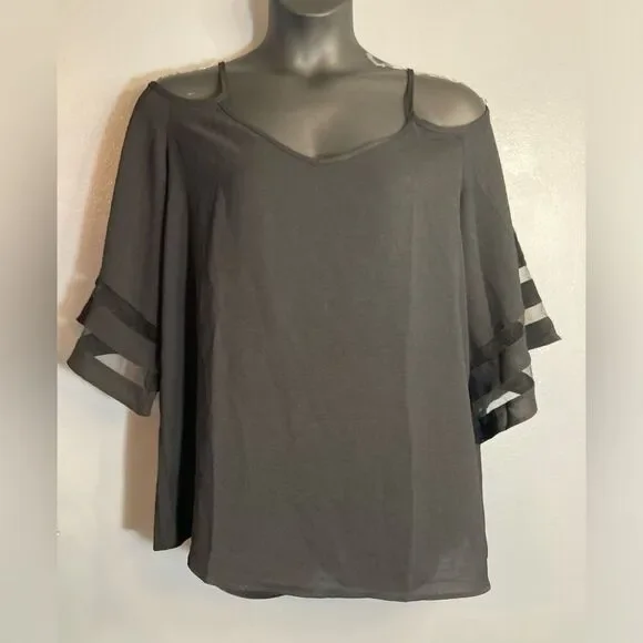 Black cold shoulder mesh sleeve blouse - Picture 1 of 4